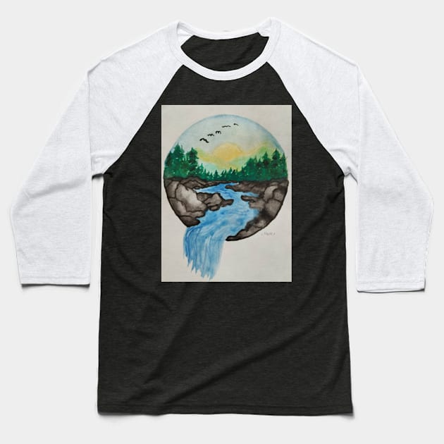 A flock of birds flying high above falling water Baseball T-Shirt by Mythiana